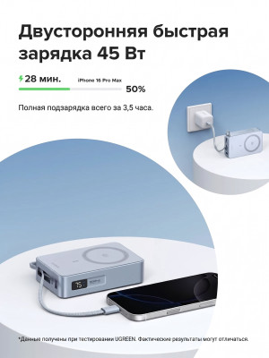 Мобильный аккумулятор Power Bank Mag-Safe, 20000mAh, 45W 1C+25W QI2.2, голубой, PB775 (65959) UGREEN