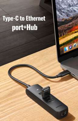 Конвертер USB 3.0m Type C на LAN RJ-45,100 1000 Mbps + USB HUB 3 port, 0.2m CM530 50627 UGREEN