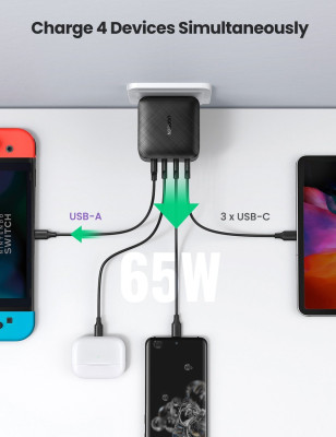 Зарядное устройство на 3xUSB C+1xUSB, 65W, QC4.0/PD3.0, Gan X CD224 (70774) UGREEN