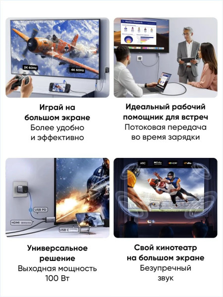 Кабель USB-C на HDMI, 2m, 4K@60Hz, PD100W, CM675 (55330) UGREEN