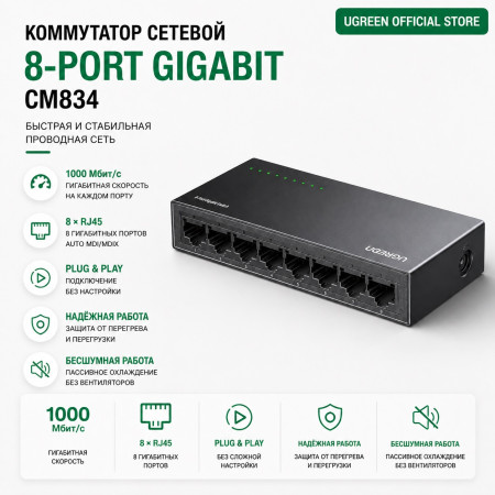 UGREEN, CM834 (35499EU), Коммутатор 8-портовый 1Gb/s