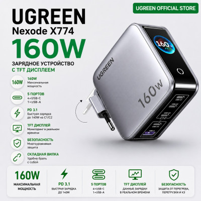 Зарядное устройство на 4C1A, 160W, QC4.0+/PD3.1, Nexode Pro, Smart Display, X774 (65637B) UGREEN