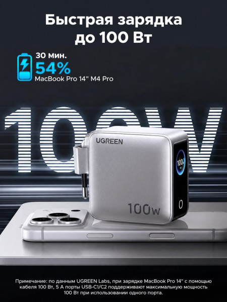 Зарядное устройство на 3C1A, 100W, QC4.0+/PD3.0, Nexode Pro, Smart Display, X772 (95942B) UGREEN