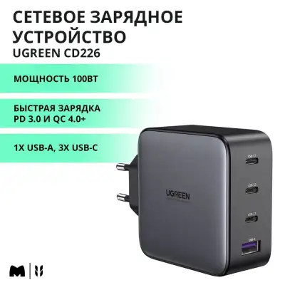 Зарядное устройство на 3xUSB C+1xUSB, 100W, QC4.0/PD3.0, Gan X CD226 (40747) UGREEN