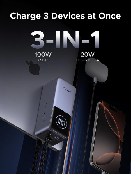 Мобильный аккумулятор Power Bank, 20000mAh, 130W, 2C1A, PB723 (55365B) UGREEN