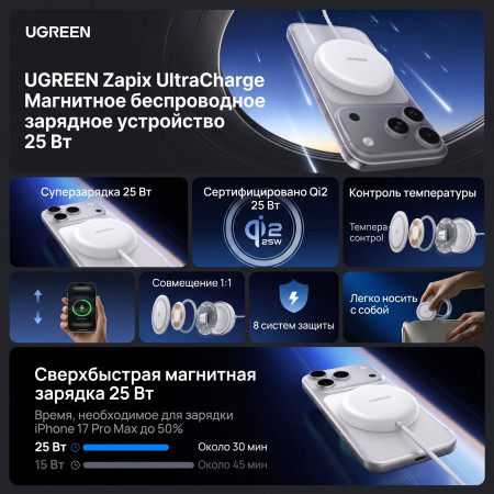 Беспроводное магнитное зарядное устройство, Wireless 25W, W750 (85451) UGREEN