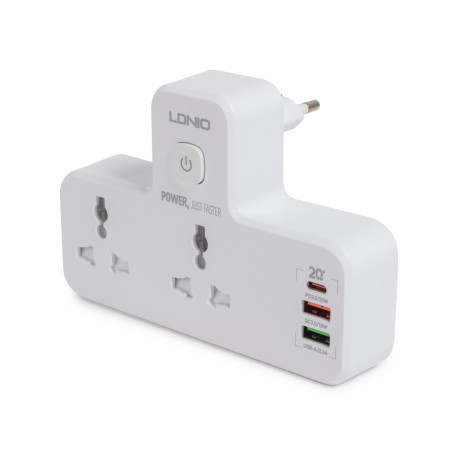Тройник LDNIO 2 розетки, 2xUSB + 1xUSB-C, 10А, с вкл., с заземлением (SC2311)