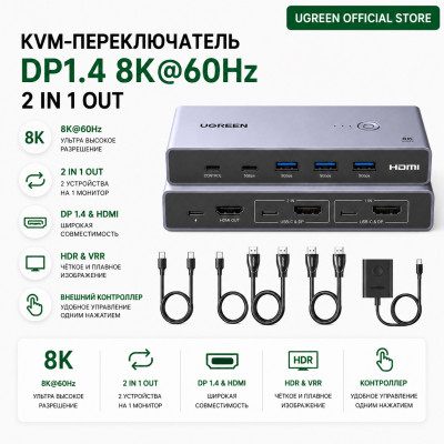 KVM Switch DP+USB 3.0, 2 входа, 1 выход, 8K@60Hz CM695 (25962A) UGREEN