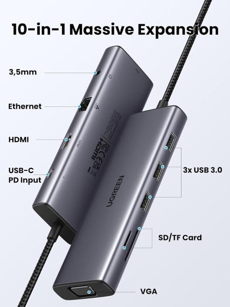 Док-станция USB-C на HDMI/VGA/LAN/3.5mmAudio/USB3.0 HUB 3 port/Type C PD 100W CM498 (15601) UGREEN