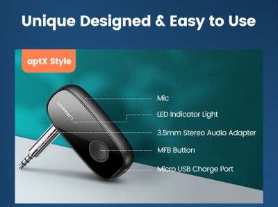 Bluetooth V5.0 Audio Receiver, 3.5mm + микрофон, CM279 (70304) UGREEN