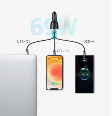 Автомобильное зарядное устройство QC3.0, PD, 69W, (2USB-C+USB-A) CD239 (20467) UGREEN