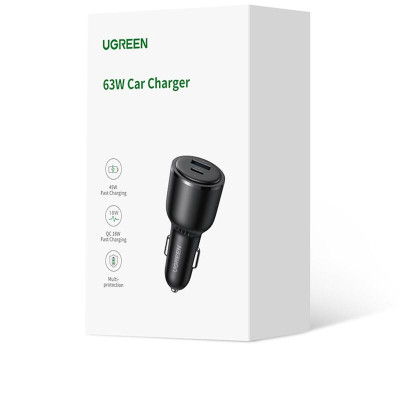 Автомобильное зарядное устройство QC3.0, PD, 63W, (USB-C+USB-A) CD239 (90645) UGREEN