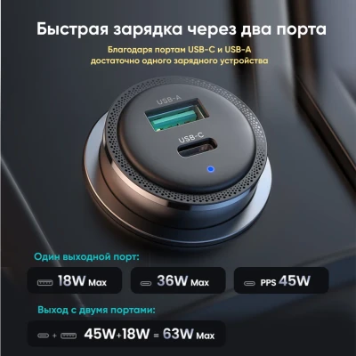 Автомобильное зарядное устройство QC3.0, PD, 63W, (USB-C+USB-A) CD239 (90645) UGREEN