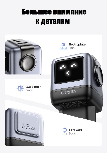 Зарядное устройство на 2xUSB-C+1 USB, 65W, QC4.0+, Nexode Robot GanN, CD361 (25685B) UGREEN