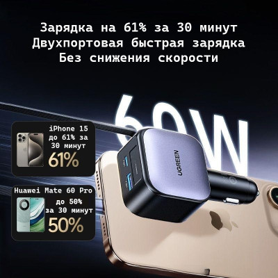 Автомобильное зарядное устройство QC3.0, PD3.0, 60W, 0.75m (2xUSB-C+USB-A) EC602 (55212B) UGREEN
