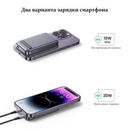 Мобильный аккумулятор Power Bank Mag-Safe, 10000mAh 20W, серый, PB206 (15086) UGREEN