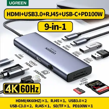 Конвертер USB 3.1(m) Type C на HDMI/LAN/CardReader/Type Cx2/USB 3.0x2/PD 100W CM498 (15375) UGREEN