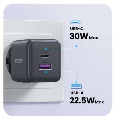 Зарядное устройство на 1xUSB-C+1 USB, 30W, QC3.0, Gan X X516