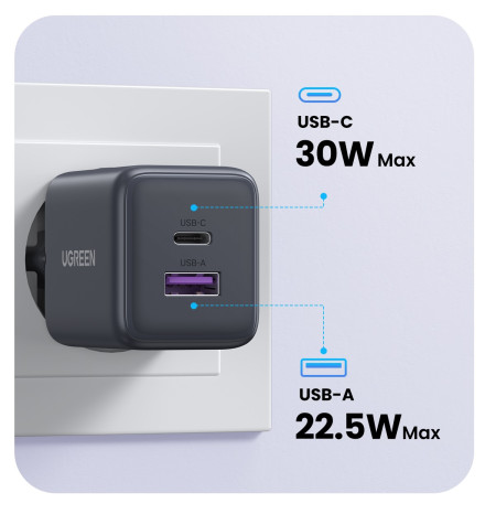 Зарядное устройство на 1xUSB-C+1 USB, 30W, QC3.0, Gan X X516 (55539) UGREEN