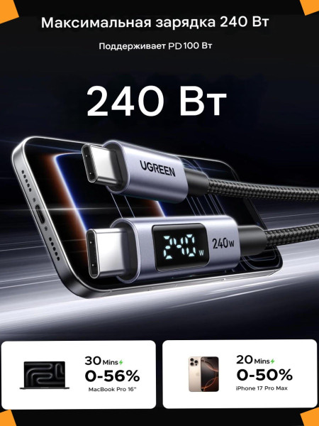 Кабель USB C - USB C, 480Mbps, 5A, QC5.0/PD3.1, 240W, 1m, Smart DigitalDisplay, L530 (65866) UGREEN