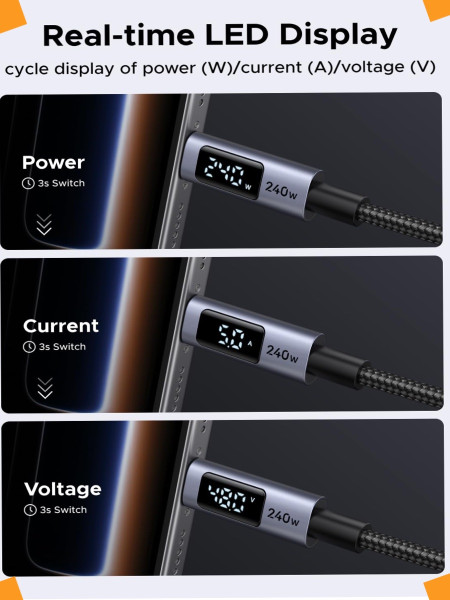 Кабель USB C - USB C, 480Mbps, 5A, QC5.0/PD3.1, 240W, 1m, Smart DigitalDisplay, L530 (65866) UGREEN