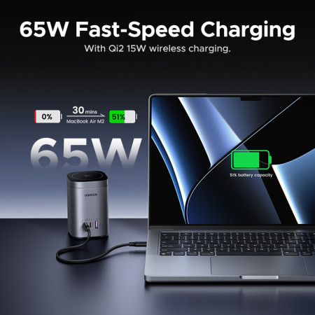 Беспроводное магнитное зарядное устройство 2-in-1, 2xUSB C+1xUSB, 65W, Wireless 15W, X555 (55321) UGREEN