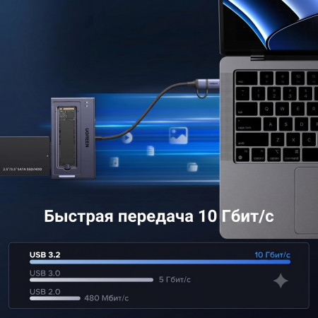 Док-станция USB-A/C 3.2 для M.2 + SATA 2.5/3.5" с БП, D320 (75621EU) UGREEN