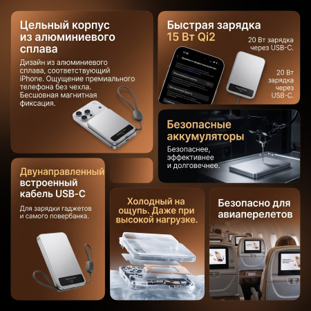 Мобильный аккумулятор Mag-Safe Qi2 15W, 5000mAh, 20W, CCC, серебро, VisionMag (M8) SHARGE