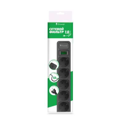 Сетевой фильтр iPower, iPEO5S, 5 розеток, 1.8 м., 220-240V, 10A, Чёрный