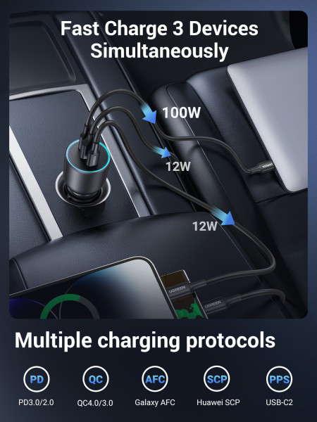 Автомобильное зарядное устройство 2C1A, QC4+/PD3.0, 130W + Кабель 1м EC705 (55511) UGREEN