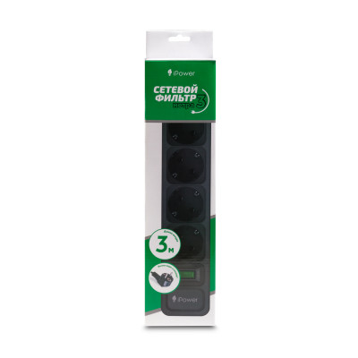 Сетевой фильтр iPower, iPEO3m, 6 розеток, 3м., 220-240V, 10A, Чёрный