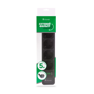 Сетевой фильтр iPower, iPEO5m, 6 розеток, 5м., 220-240V, 10A, Чёрный