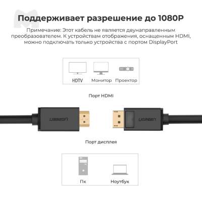 Кабель DisplayPort(m) - HDMI(m), 1.5m DP101 (10239) UGREEN