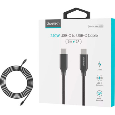 Кабель USB C - USB C, 480Mbps, 5A, QC4.0/PD3.1, 240W, 2m (XCC-1036) Choetech