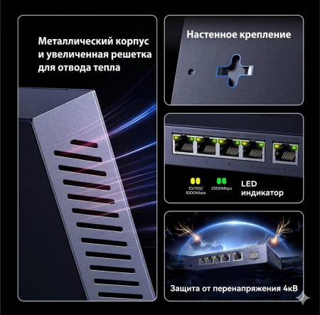 UGREEN, CM753 (35048EU), Коммутатор 6-портовый, 5xEthernet 2.5Gb/s + 1xSFP 10Gb/s
