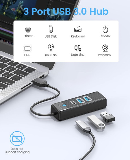 USB 3.0 хаб ORICO 2xUSB-A + USB-C, 0.15m (PWC2U-U3-015-BK-EP)