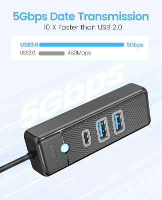 USB 3.0 хаб ORICO 2xUSB-A + USB-C, 0.15m (PWC2U-U3-015-BK-EP)